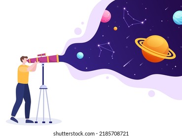 Astronomy Cartoon Illustration with People Watching Night Starry Sky, Galaxy and Planets in Outer Space Through Telescope in Flat Hand Drawn Style