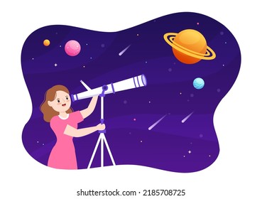 Astronomy Cartoon Illustration with People Watching Night Starry Sky, Galaxy and Planets in Outer Space Through Telescope in Flat Hand Drawn Style