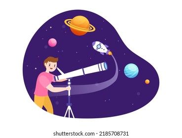 Astronomy Cartoon Illustration with People Watching Night Starry Sky, Galaxy and Planets in Outer Space Through Telescope in Flat Hand Drawn Style