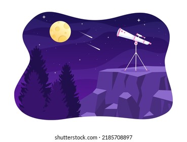 Astronomy Cartoon Illustration with Telescope for Watching Starry Sky, Galaxy and Planets in Outer Space in Flat Hand Drawn Style