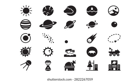 Astronomy and celestial bodies glyph icon set with astronomy, celestial