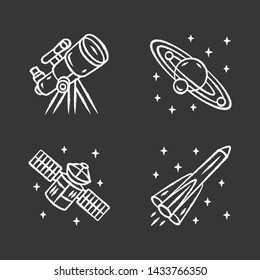 Astronomy chalk icons set. Space exploration. Telescope, Solar System, artificial satellite, rocket. Astrophysics. Space research, observation. Cosmic mission. Isolated vector chalkboard illustrations