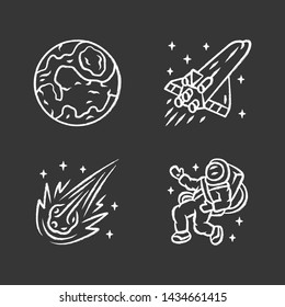 Astronomy chalk icons set. Space exploration. Earth, spaceship, comet, astronaut. Astrophysics. Galaxy research. Interstellar travel. Cosmic mission. Isolated vector chalkboard illustrations