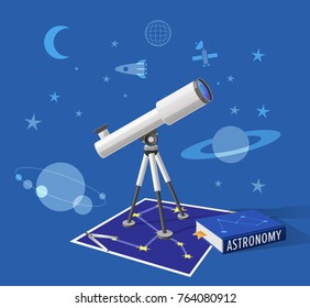 Astronomy class isolated vector illustration on blue sky-like background. Cartoon style telescope, pair of compasses and school textbook on constellation map