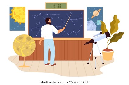 Astronomy classroom interior with teacher vector illustration