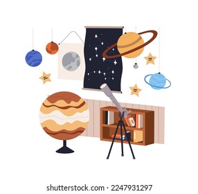 Astronomy classroom with telescope, planet models, star map. School class room for cosmos, space, universe study with books, education stuff. Flat vector illustration isolated on white background