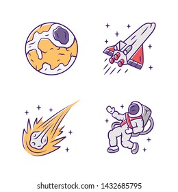 Astronomy color icons set. Space exploration. Earth, spaceship, comet, astronaut. Astrophysics. Galaxy research, observation. Interstellar travel. Cosmic mission. Isolated vector illustrations