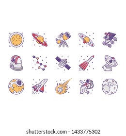 Astronomy color icons set. Space exploration. Astronomical observations. Starry sky study. Astrophysics, astrology. Celestial objects observing, studying. Isolated vector illustrations