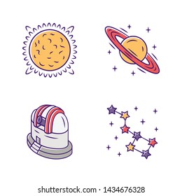 Astronomy color icons set. Space exploration. Sun, Saturn, observatory, constellation. Astrophysics, astrology. Celestial objects observing, studying. Isolated vector illustrations