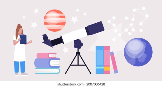 Astronomie-Konzept. Astronomin, der durch ein Teleskop die Sterne und Planeten betrachtet. Farbige flache Vektorgrafik.