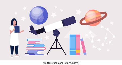 Astronomy concept. Astronomer looking through a telescope at the stars and planets. Colorful flat vector illustration.