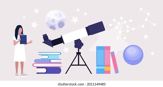 Concepto de astronomía. Astrónomo mirando a través de un telescopio las estrellas y los planetas. Ilustración de vector plana colorida.