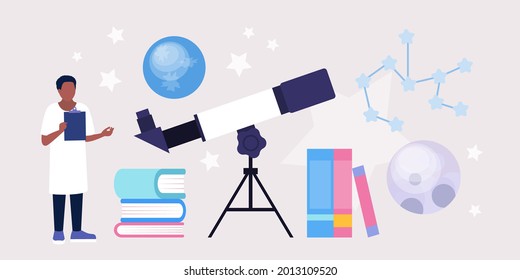 Astronomy concept. Astronomer looking through a telescope at the stars and planets. Colorful flat vector illustration.
