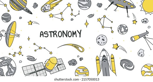 Astronomy concept for banner design with flat line doodle pattern. Hand drawing texture with stars, planets of solar system, comets, asteroids, satellite, rocket in cosmos. Vector illustration for web