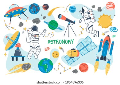 Astronomy concept isolated elements set. Bundle of astronauts fly in outer space, planets, celestial bodies of solar system, spaceship, shuttle, satellite. Vector illustration in flat cartoon design