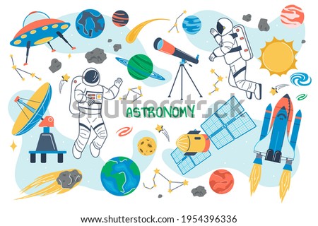 Astronomy concept isolated elements set. Bundle of astronauts fly in outer space, planets, celestial bodies of solar system, spaceship, shuttle, satellite. Vector illustration in flat cartoon design