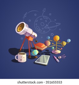 Astronomy concept with retro science cartoon icons set vector illustration