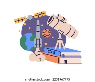 Astronomy concept. School subject, lesson about space. Cosmos science, education. Books, telescope for study. Spaceship, planets composition. Flat vector illustration isolated on white background