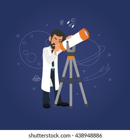 Astronomy concept. scientist looking through a telescope at the stars.  vector. 