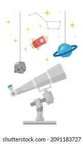 Astronomy concept. Telescope and hanging planets. Star learning