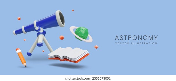 Astronomy concept. Telescope, planet, book, pencil. Observation of sky. Vector floating objects, place for text. Advertising for observatory and planetarium, educational tours