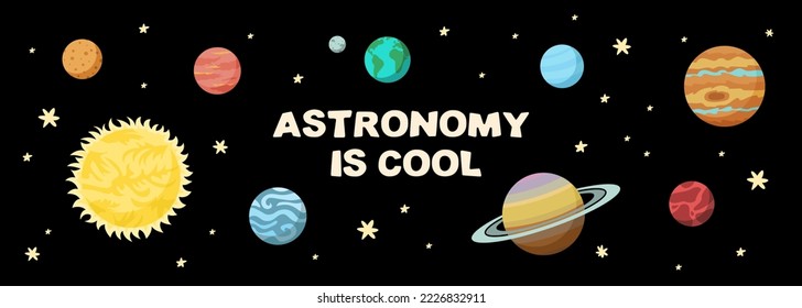 La astronomía es genial. Banner horizontal con planetas sistema solar, educación y ciencia para el aprendizaje de los niños