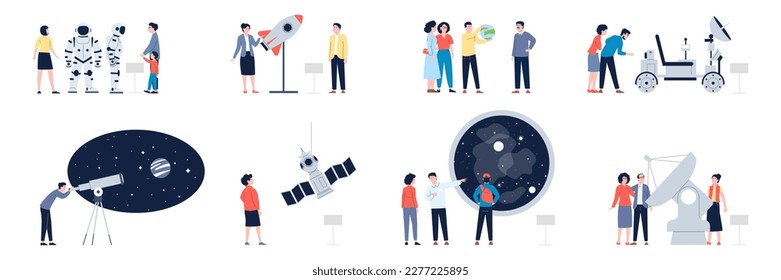 Astronomy cosmonautics museum, people in planetarium. Solar system study, planet celestial science. Astronaut costume, telescope, recent vector set