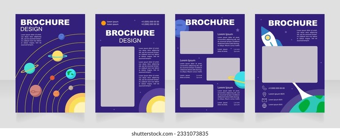 Cursos de astronomía para principiantes diseño de folletos en blanco. Conjunto de plantillas con espacio de copia para texto. Recopilación de informes corporativos prefabricados. Editable 4 páginas de papel. Arial Black, fuentes regulares usadas