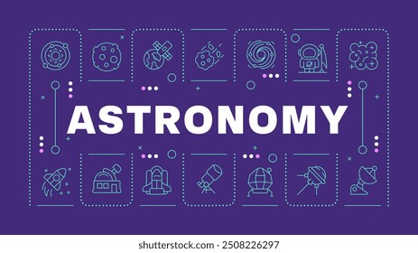 Astronomy dark purple word concept. School subject. Natural science. Cosmos and universe. Horizontal vector image. Headline text surrounded by editable outline icons