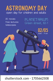 Astronomy day colorful promo poster with place for text. Cartoon girl looking into telescope with mother vector flat illustration. Announcement of planetarium exhibition entertainment isolated