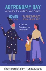 Astronomy day promo poster with place for text. Cartoon mother and son visiting planetarium talk with astronomical man isolated on blue background. Entertainment for kids and adults