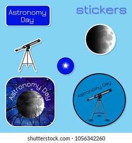 Astronomy Day. Stickers in shades of blue - telescope, moon, star, text, night sky