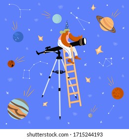 Astronomy Day Vector Flat Colorful Concept. Sky With Stars, Planets And Constellations. Cartoon Girl On A Telescope. Planetarium Concept.