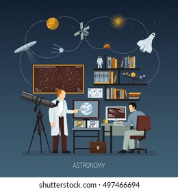 Astronomy design concept with scientists busying cosmos exploration and modern equipment for space research flat vector illustration  