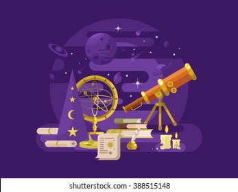 Astronomy design flat. Retro science, astrology instrument, star astronomical, vector illustration