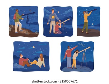 Astronomy discoveries and hobbies of people watching through telescopes in starry sky. Galaxy and universe with planets and celestial bodies. Flat cartoon character, vector illustration