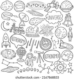 Astronomie-Doodle-Symbole. Hand Made Line Art. Space Astronaut Clip Art Logotype Symbol Design.