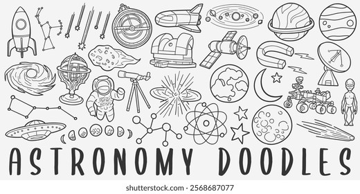 Astronomy Doodle Icons. Hand Made Line Art. Space Astronaut Clipart Logotype Symbol Design.