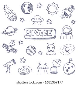 Astronomy doodles element collection in cute hand drawn style isolated on white background 
