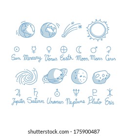 Astronomy doodles with symbols and various objects