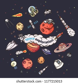 Astronomy doodles vector concept. Hand drawn space illustrations.