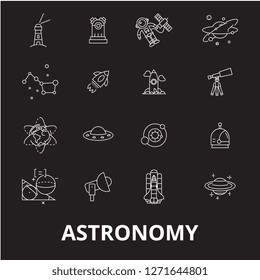Astronomy editable line icons vector set on black background. Astronomy white outline illustrations, signs, symbols