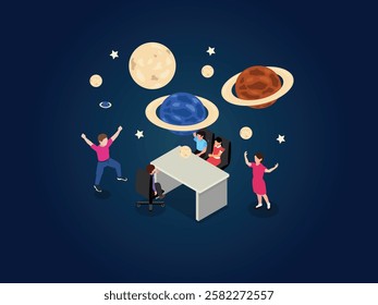 Astronomy Education Concept with Students Exploring Space and Planets 3d isometric vector illustration