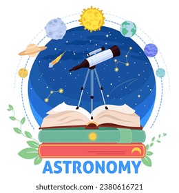 Astronomy education poster vector illustration with telescope on books stack over different cosmic body in starry sky