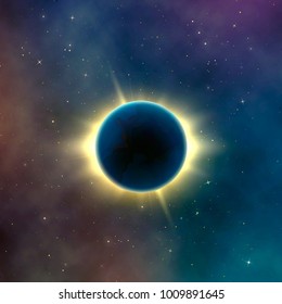 Astronomy effect solar eclipse. Abstract starry galaxy background. Vector illustration