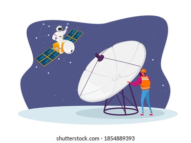 Astronomy Engineer Character Research Outer Space with Huge Antenna, Astronaut Flying on Satellite. Galaxy Research, Exploration and Colonization, Scientist Explore. Cartoon People Vector Illustration