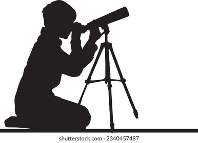 Astronomy Enthusiast: Silhouette of Boy with Telescope Cartoon, Cartoon Telescope Logo: Symbolizing Astronomical Pursuits