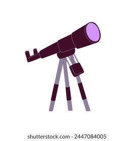 Astronomy equipment for observation for cosmos, stars. Science tool for exploration galaxy. Telescope on tripod for discovery. Planetarium spyglass, glass. Flat isolated vector illustration on white