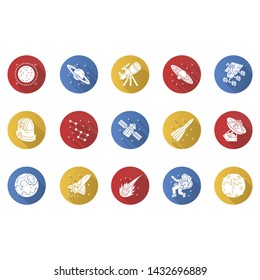 Astronomy flat design long shadow glyph icons set. Space exploration. Astronomic. Starry sky study. Astrophysics, astrology. Celestial objects observing, studying. Vector silhouette illustration
