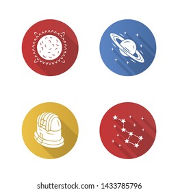 Astronomy flat design long shadow glyph icons set. Space exploration. Sun, Saturn, observatory, constellation. Astrophysics, astrology. Celestial objects observing. Vector silhouette illustration